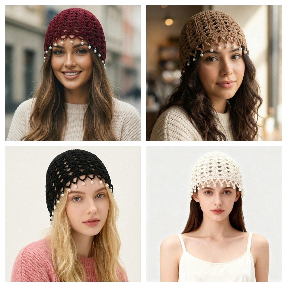 Black Crochet Beanie with Pearl Accents - Picture 9 of 13